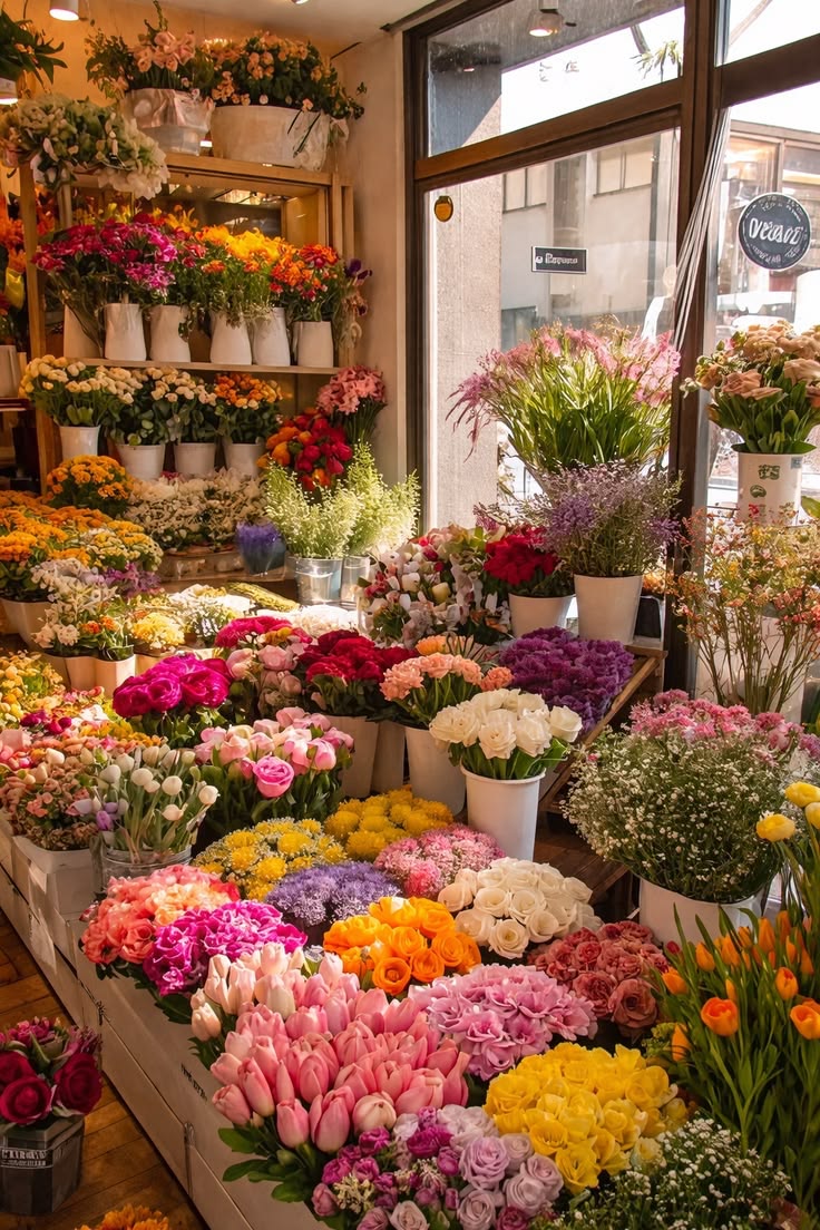 Artisan floral bouquets standing in vases inside the boutique