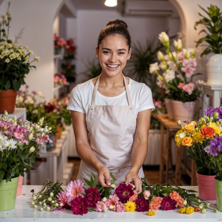 Artisan florist checking blossom hydration near wooden flower tables