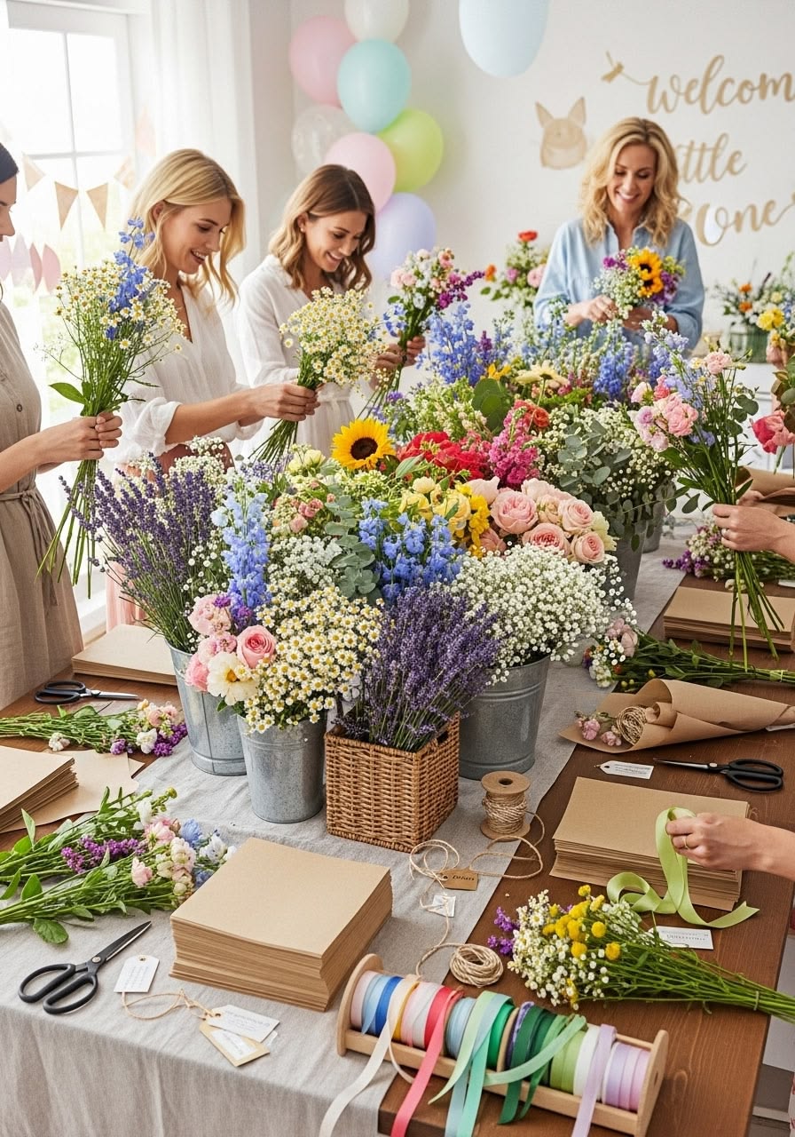 Floral design workshop bench setup for arranging delicate bridal bouquets